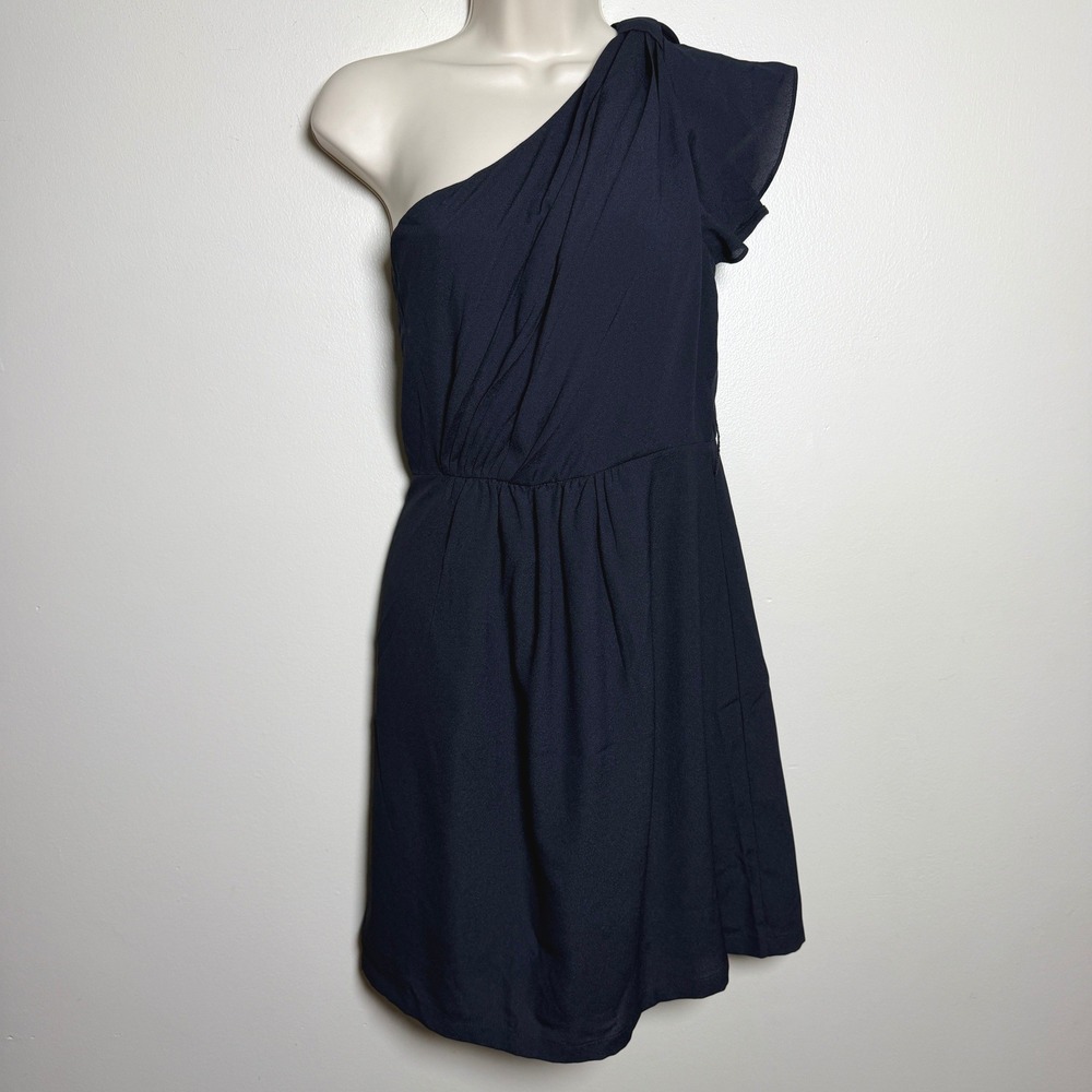 MM Couture Womens Dress M Navy Blue One Shoulder Ruffle Pleated Event Cocktail